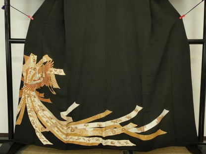 平和屋着物■豪華黒留袖　駒刺繍　束ね熨斗飛鶴花文　金彩　正絹　逸品　DABJ9259ya