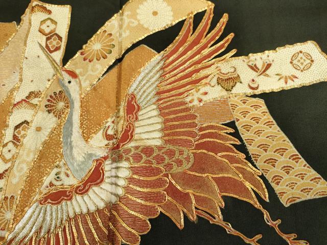平和屋着物■豪華黒留袖　駒刺繍　束ね熨斗飛鶴花文　金彩　正絹　逸品　DABJ9259ya
