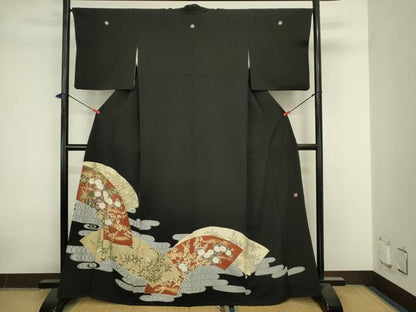 平和屋着物■十日町友禅作家　龍谷　黒留袖　流水地紙花文　金彩　正絹　逸品　DABJ9260ya