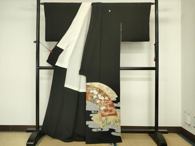 平和屋着物■十日町友禅作家　龍谷　黒留袖　流水地紙花文　金彩　正絹　逸品　DABJ9260ya