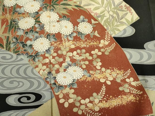 平和屋着物■十日町友禅作家　龍谷　黒留袖　流水地紙花文　金彩　正絹　逸品　DABJ9260ya