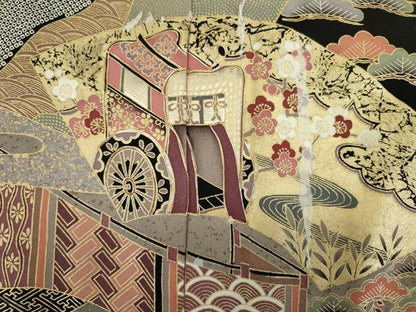 平和屋着物■豪華黒留袖　駒刺繍　地紙御所車花松文　金彩　正絹　逸品　DABJ9262ya