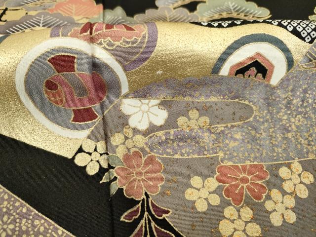 平和屋着物■豪華黒留袖　駒刺繍　地紙御所車花松文　金彩　正絹　逸品　DABJ9262ya