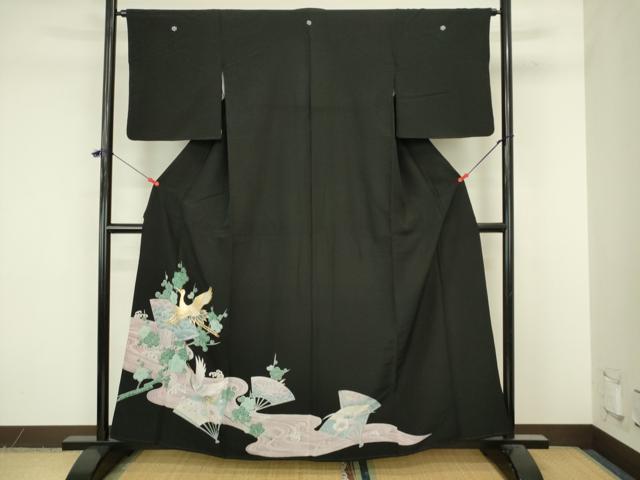 平和屋着物■豪華黒留袖　刺繍　扇面飛鶴花文　枝梅　金彩　正絹　逸品　DABJ9272ya