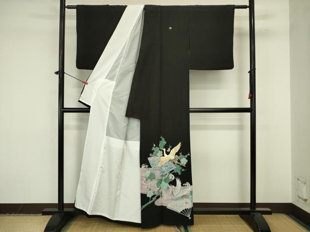 平和屋着物■豪華黒留袖　刺繍　扇面飛鶴花文　枝梅　金彩　正絹　逸品　DABJ9272ya
