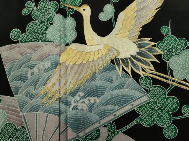 平和屋着物■豪華黒留袖　刺繍　扇面飛鶴花文　枝梅　金彩　正絹　逸品　DABJ9272ya
