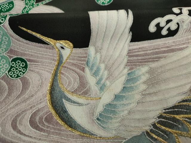 平和屋着物■豪華黒留袖　刺繍　扇面飛鶴花文　枝梅　金彩　正絹　逸品　DABJ9272ya