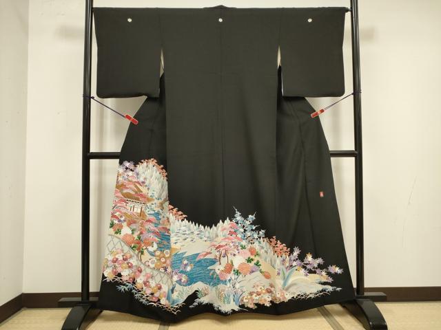 平和屋着物■豪華黒留袖　友禅　作家物　風景花松文　正絹　逸品　DABJ9289ya