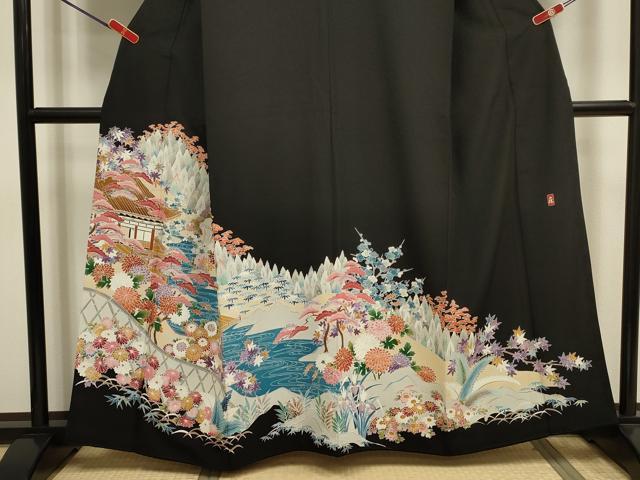 平和屋着物■豪華黒留袖　友禅　作家物　風景花松文　正絹　逸品　DABJ9289ya