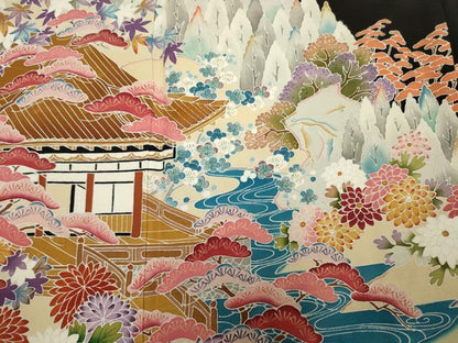 平和屋着物■豪華黒留袖　友禅　作家物　風景花松文　正絹　逸品　DABJ9289ya