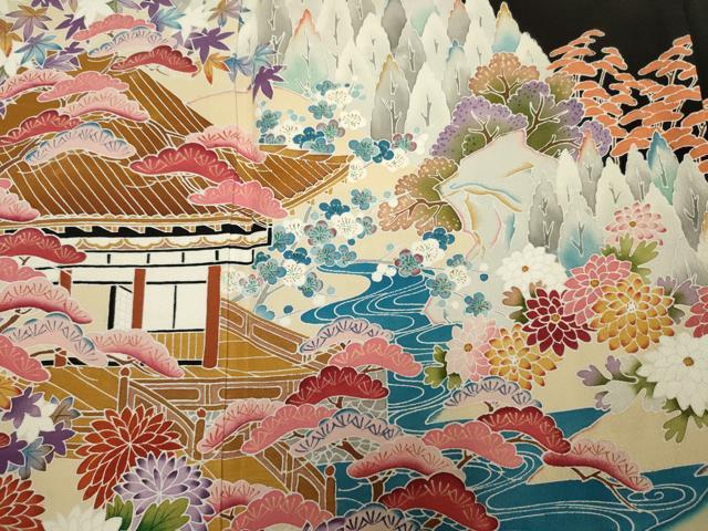 平和屋着物■豪華黒留袖　友禅　作家物　風景花松文　正絹　逸品　DABJ9289ya