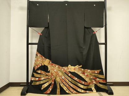 平和屋着物■豪華黒留袖　駒刺繍　束ね熨斗花文　金彩　ロング丈　正絹　逸品　DABJ9296ya