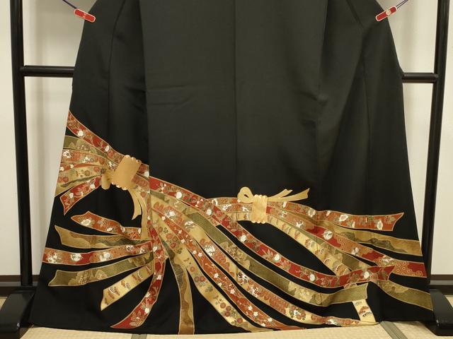平和屋着物■豪華黒留袖　駒刺繍　束ね熨斗花文　金彩　ロング丈　正絹　逸品　DABJ9296ya