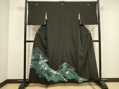平和屋着物■豪華黒留袖　手描き　刺繍　笹竹文　枝梅　金糸　正絹　逸品　DABJ9297ya