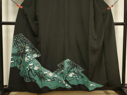 平和屋着物■豪華黒留袖　手描き　刺繍　笹竹文　枝梅　金糸　正絹　逸品　DABJ9297ya