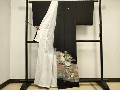 平和屋着物■豪華黒留袖　花松文　群鶴　暈し染め　金彩　正絹　逸品　DABJ9305ya