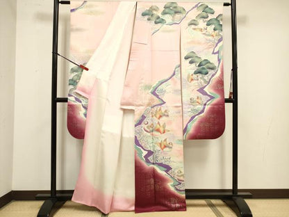 平和屋着物■豪華振袖　駒刺繍　流水鴛鴦松文　暈し染め　金銀彩　正絹　逸品　DABJ9317ya