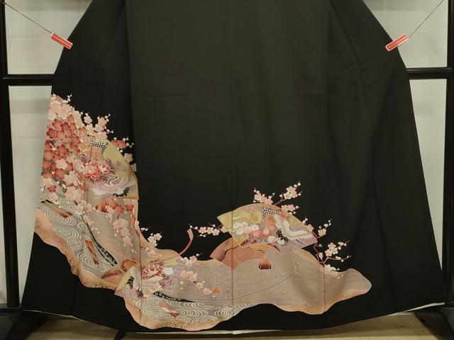 平和屋着物■豪華黒留袖　駒刺繍　御所車飛鶴花文　枝梅　金彩　正絹　逸品　DABJ9328ya