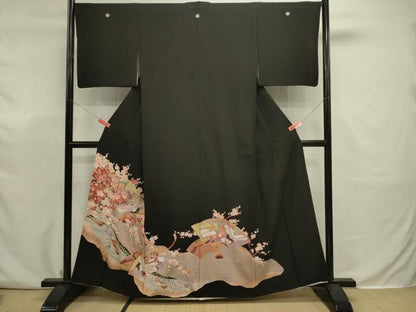 平和屋着物■豪華黒留袖　駒刺繍　御所車飛鶴花文　枝梅　金彩　正絹　逸品　DABJ9328ya