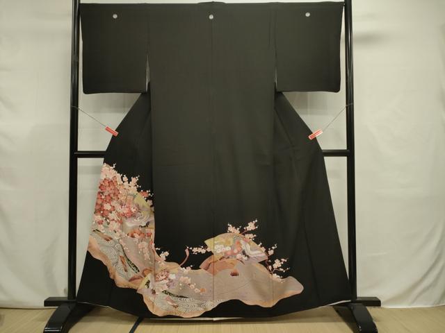 平和屋着物■豪華黒留袖　駒刺繍　御所車飛鶴花文　枝梅　金彩　正絹　逸品　DABJ9328ya