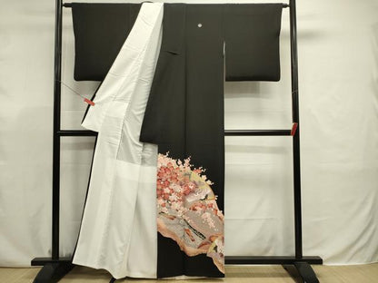 平和屋着物■豪華黒留袖　駒刺繍　御所車飛鶴花文　枝梅　金彩　正絹　逸品　DABJ9328ya