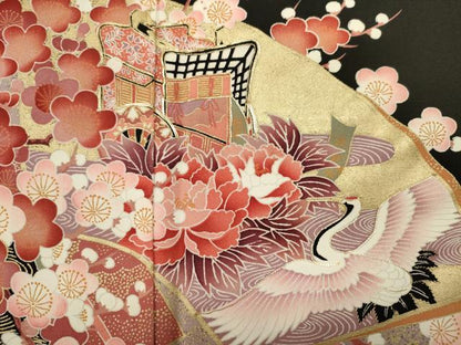 平和屋着物■豪華黒留袖　駒刺繍　御所車飛鶴花文　枝梅　金彩　正絹　逸品　DABJ9328ya