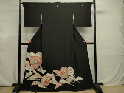 平和屋着物■豪華黒留袖　駒刺繍　扇面絵皿花鳥文　金彩　正絹　逸品　DABJ9330ya