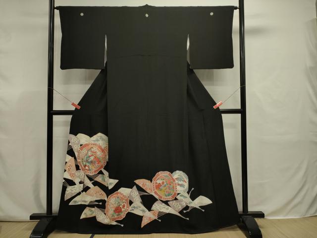 平和屋着物■豪華黒留袖　駒刺繍　扇面絵皿花鳥文　金彩　正絹　逸品　DABJ9330ya