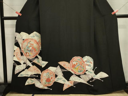 平和屋着物■豪華黒留袖　駒刺繍　扇面絵皿花鳥文　金彩　正絹　逸品　DABJ9330ya