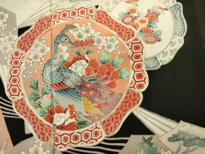 平和屋着物■豪華黒留袖　駒刺繍　扇面絵皿花鳥文　金彩　正絹　逸品　DABJ9330ya