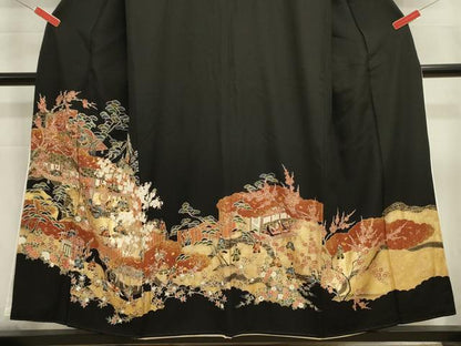 平和屋着物■豪華黒留袖　駒刺繍　人物風景花文　枝梅　金彩　正絹　逸品　DABJ9335ya