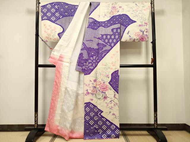 平和屋着物■訪問着　駒刺繍　絞り　花車文　牡丹　金彩　正絹　逸品　DABJ9401ya