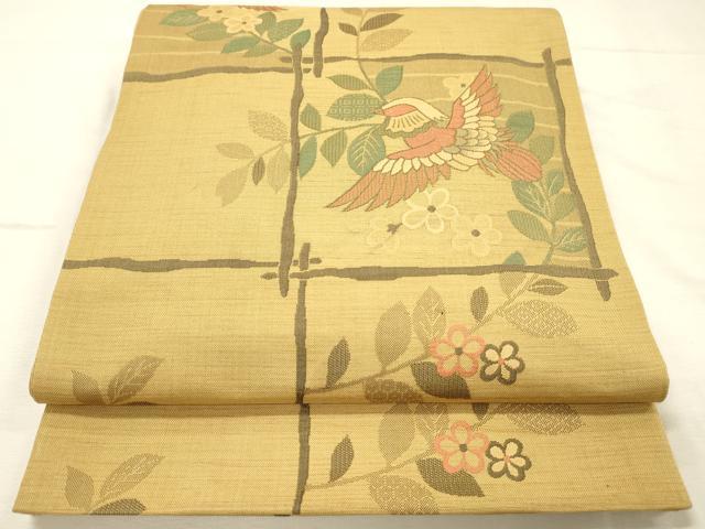 平和屋着物◎六通柄袋帯　格子花鳥文　明日香　正絹　逸品　DABJ9412ya