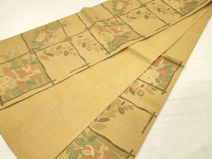 平和屋着物◎六通柄袋帯　格子花鳥文　明日香　正絹　逸品　DABJ9412ya