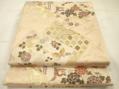 平和屋着物◎西陣　六通柄袋帯　唐織　色紙重ね舞蝶花鳥文　金糸　証紙付き　正絹　逸品　DABJ9413ya