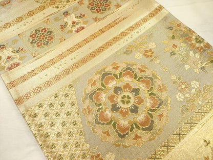 平和屋着物◎佐賀錦　六通柄袋帯　向かい鳥正倉院更紗花文　金糸　正絹　逸品　DABJ9423ya