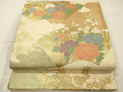 平和屋着物◎六通柄袋帯　唐織　地紙花文　枝梅　祥瑞　金糸　正絹　逸品　DABJ9426ya