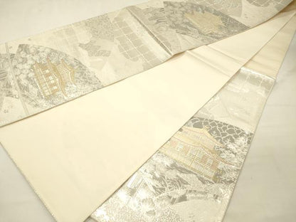 平和屋着物◎六通柄袋帯　地紙風景文　プラチナ箔二重織　正絹　逸品　DABJ9431ya