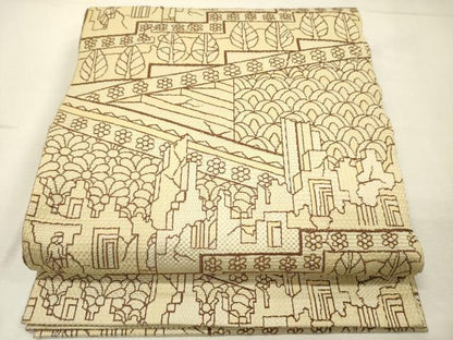 平和屋着物◎八寸名古屋帯　風景人物花文　正絹　逸品　DABJ9434ya