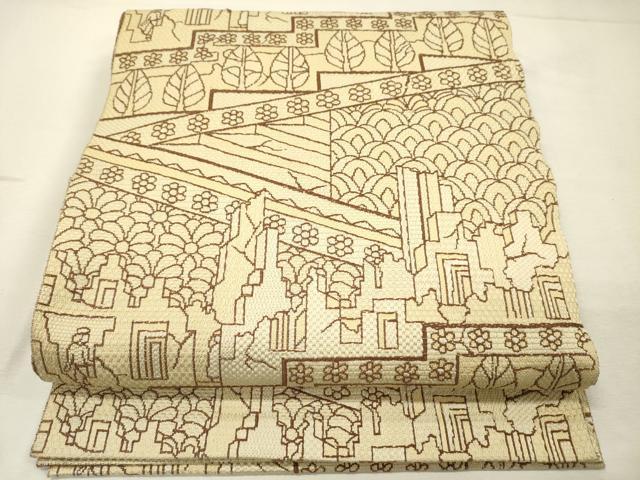 平和屋着物◎八寸名古屋帯　風景人物花文　正絹　逸品　DABJ9434ya