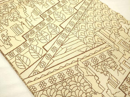 平和屋着物◎八寸名古屋帯　風景人物花文　正絹　逸品　DABJ9434ya