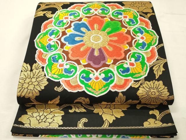 平和屋着物◎六通柄袋帯　唐織　正倉院更紗花唐草文　黒地　金糸　正絹　逸品　DABJ9447ya