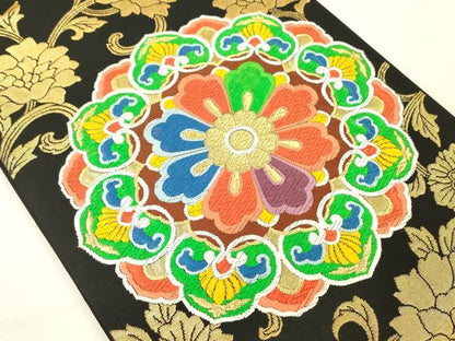 平和屋着物◎六通柄袋帯　唐織　正倉院更紗花唐草文　黒地　金糸　正絹　逸品　DABJ9447ya