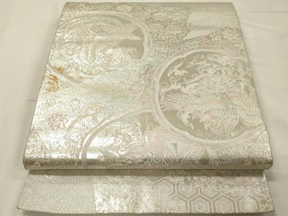 平和屋着物◎六通柄袋帯　鳳凰花丸文　銀糸　正絹　逸品　DABJ9455ya
