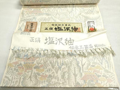 平和屋着物▼塩沢紬　反物　着尺　風景文　証紙付き　逸品　未使用　DABJ9556we