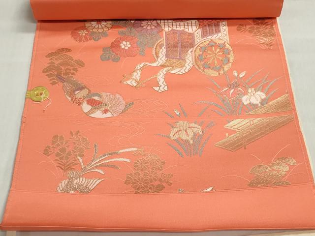 平和屋着物▼西陣　名古屋帯　帯反物　御所車花鳥文　証紙付き　逸品　未使用　DABJ9674we