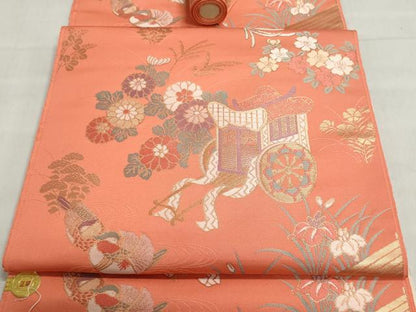 平和屋着物▼西陣　名古屋帯　帯反物　御所車花鳥文　証紙付き　逸品　未使用　DABJ9674we
