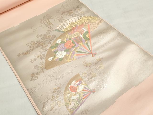平和屋着物▼西陣　名古屋帯　帯反物　御所車扇花文　金銀糸　証紙付き　逸品　未使用　DABJ9676we