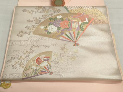 平和屋着物▼西陣　名古屋帯　帯反物　御所車扇花文　金銀糸　証紙付き　逸品　未使用　DABJ9676we