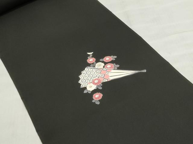 平和屋着物▼羽織・コート　反物　羽尺　扇花文　黒地　金彩　逸品　未使用　DABJ9778we